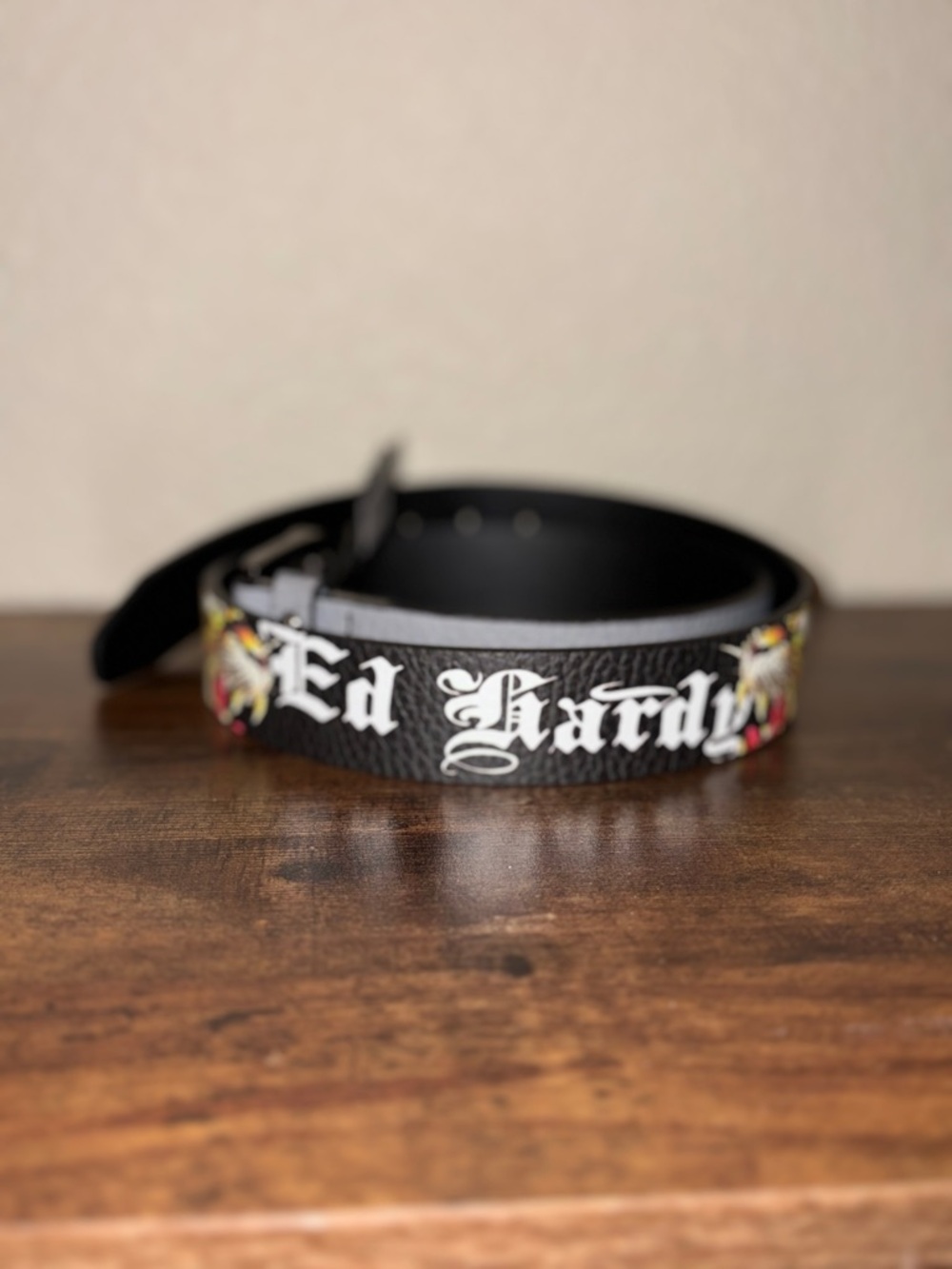 Ed Hardy Black Leather Tiger Belt Size 38 Studded Y2K Graphic Buckle NWT